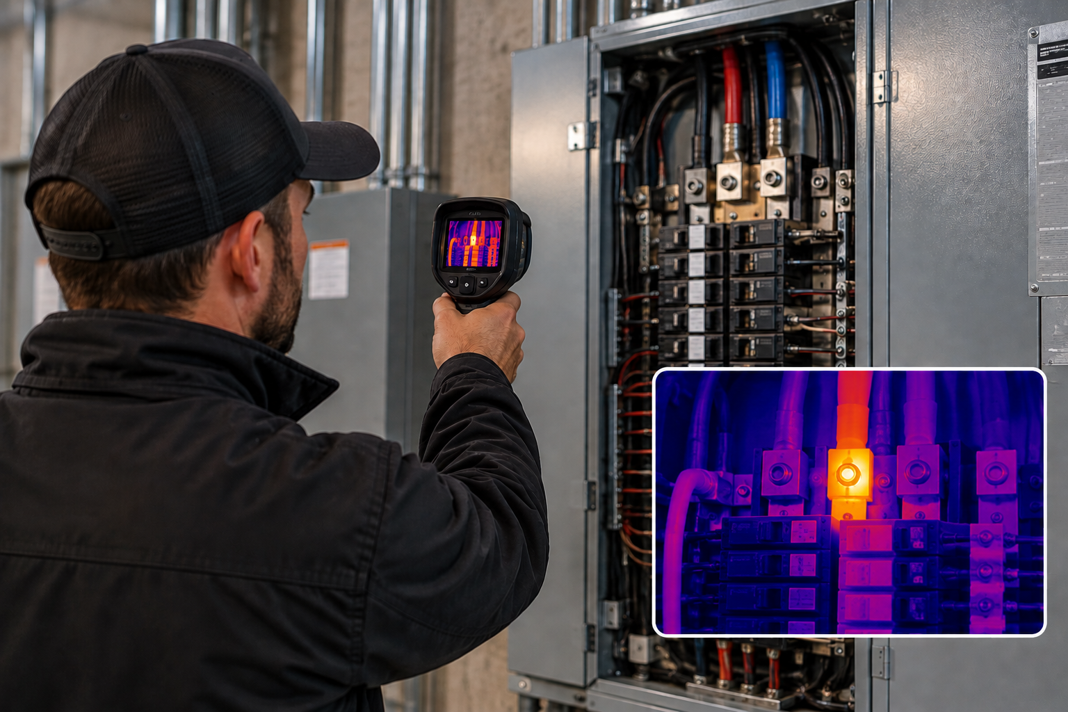Illustration of an inspector using a handheld FLIR thermal camera to examine an electrical distribution panel, with an infrared inset highlighting a localized temperature variation at a connection.