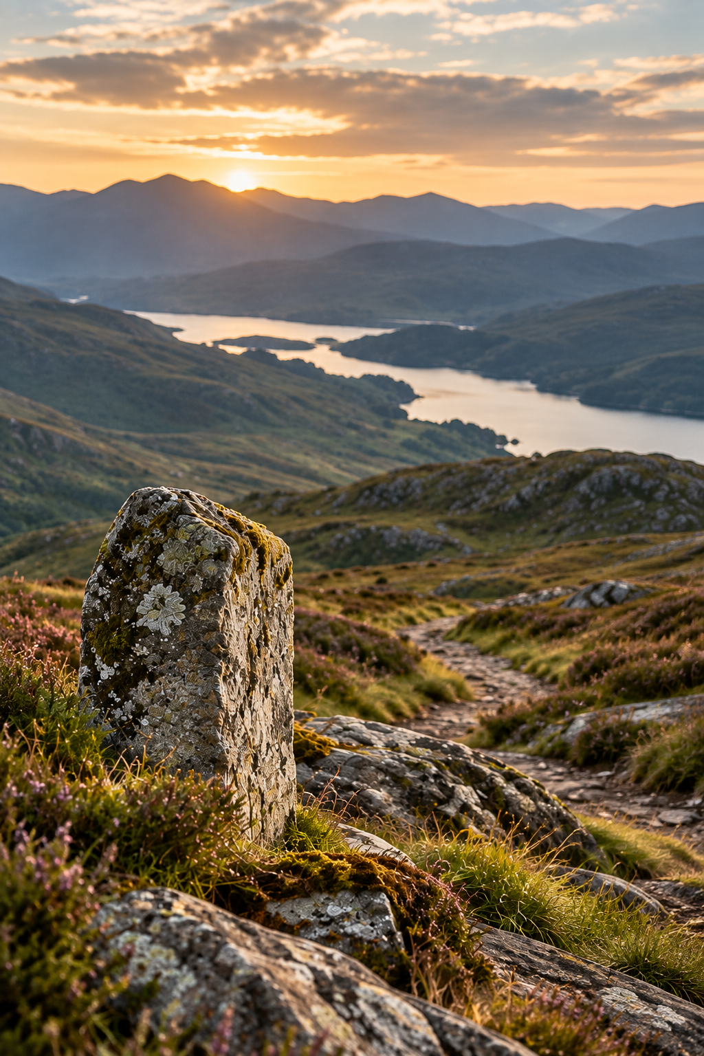 A scenic landscape of rolling hills and mountains during sunset, with a river winding through the valley, and a lichen-covered stone in the foreground along a rocky path.