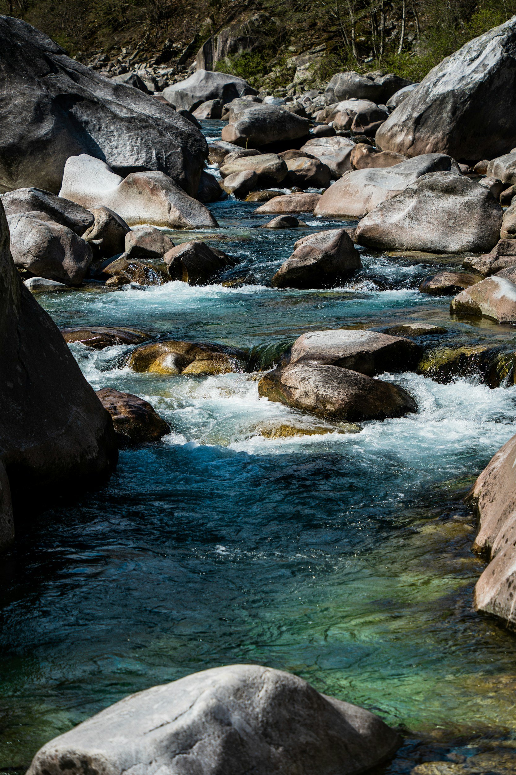 A mountain stream flowing over and around large rocks and boulders in a forested area.