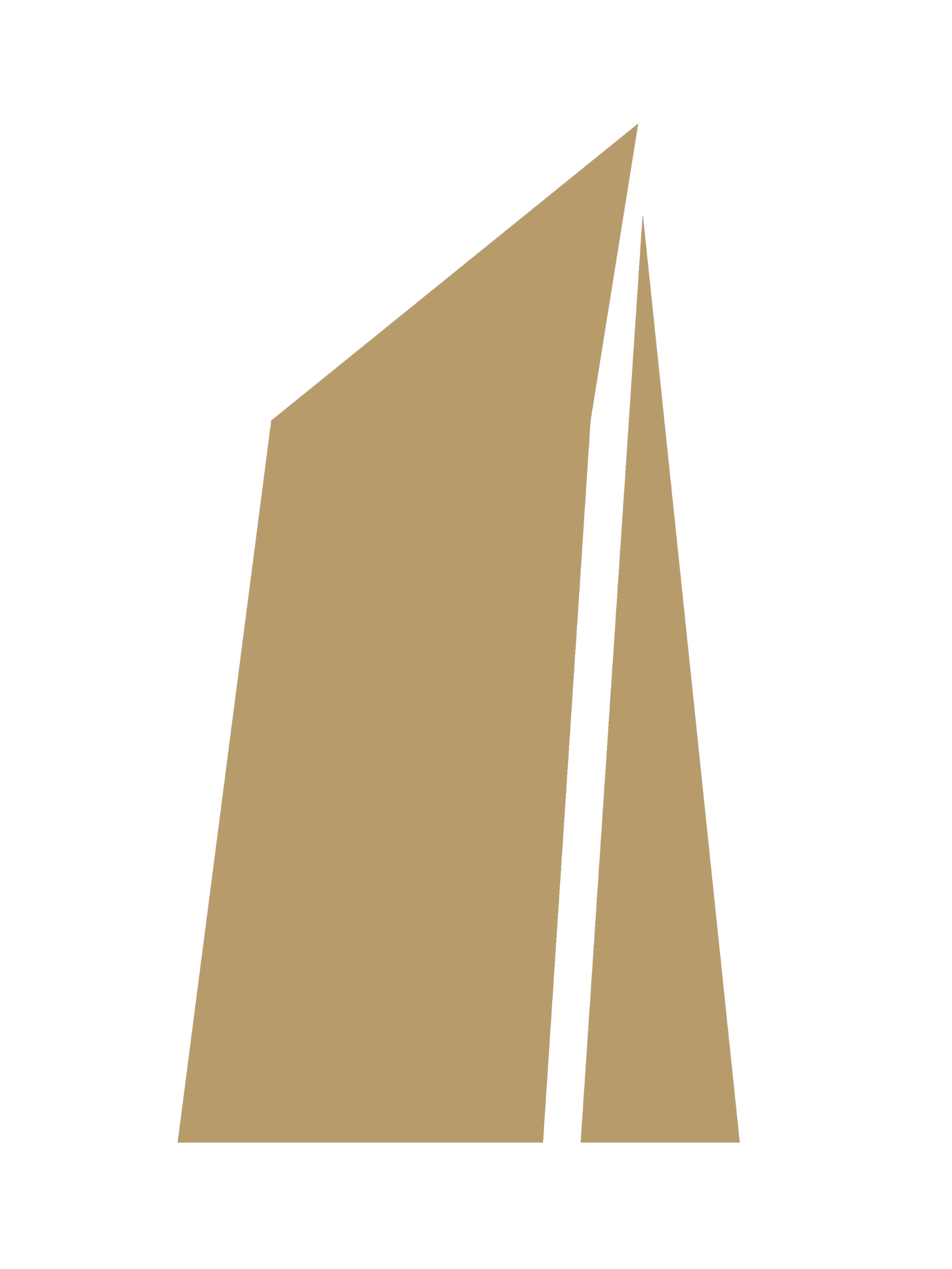 A large, abstract sculpture made of beige and black triangular and rectangular shapes against a black background.