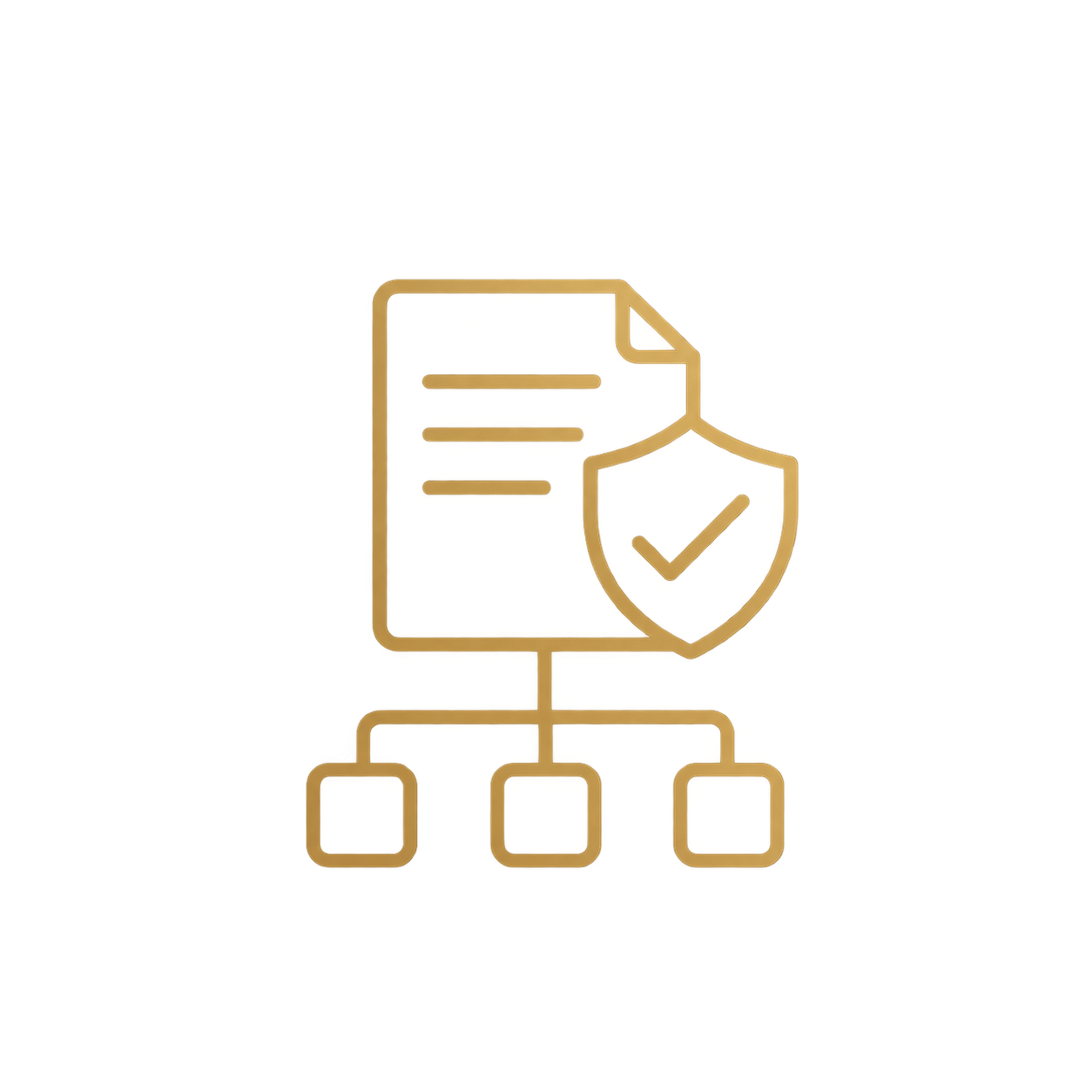 Digital icon of a document with a shield and checkmark, connected to a network of three squares below, representing security or verified document management.