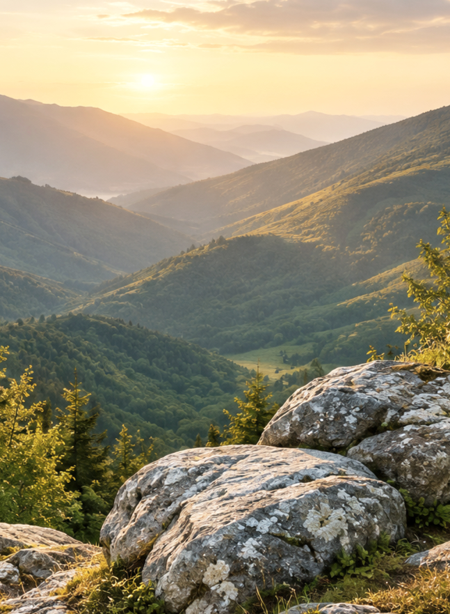 Sunset over a panoramic view of rolling green mountains with large rocks and trees in the foreground.