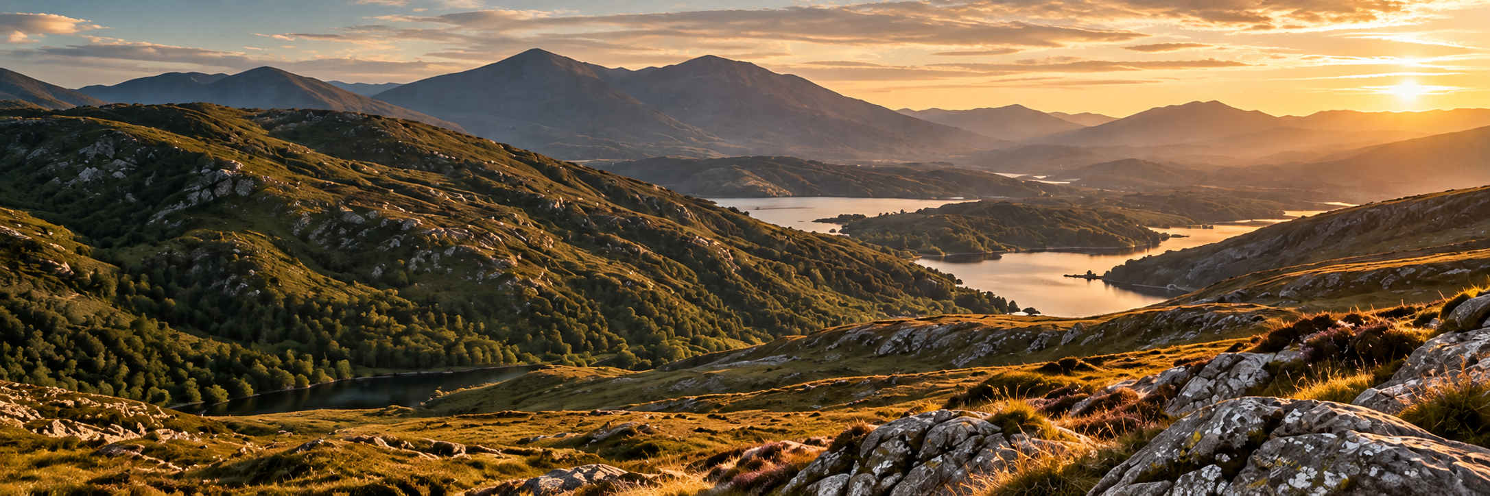 Landscape of rolling green hills with lakes and mountains in the distance during sunset.
