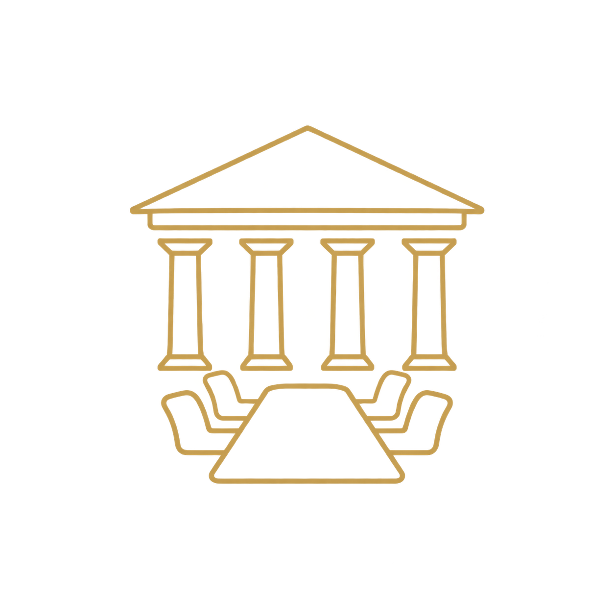 Gold outline of a conference table surrounded by chairs, with a structure resembling a classical building with columns and a triangular roof above it.