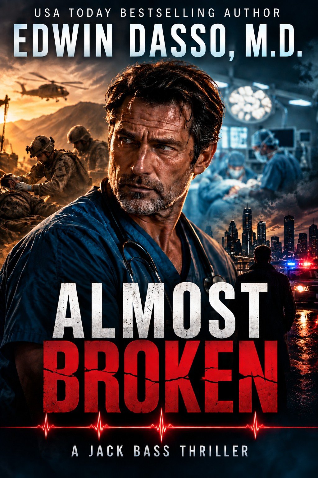 Book cover for Almost Broken, a flagship Jack Bass thriller by Edwin Dasso, M.D.