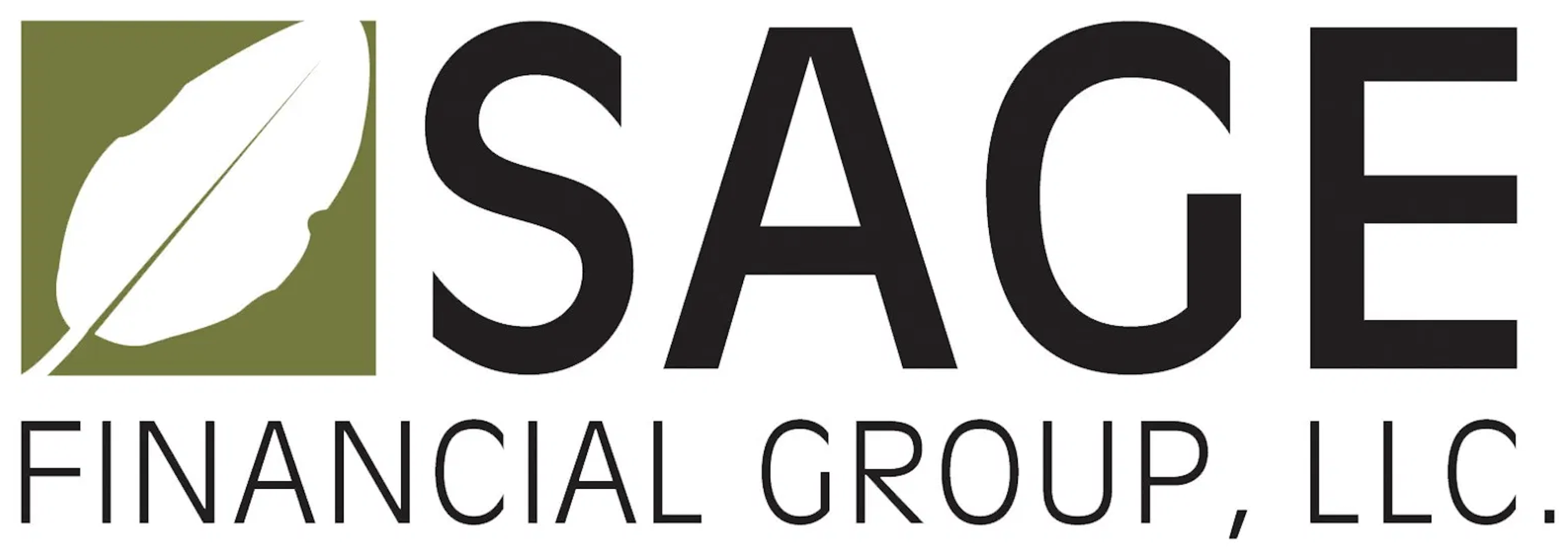 Logo of Sage Financial Group, LLC, featuring a white feather inside a green square, with the company name in bold black letters.