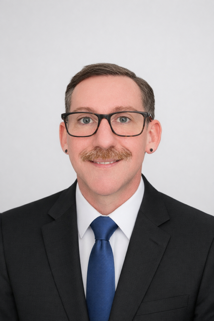Headshot of a man with glasses, a mustache, and earrings, wearing a dark suit, white shirt, and blue tie, smiling against a plain white background.