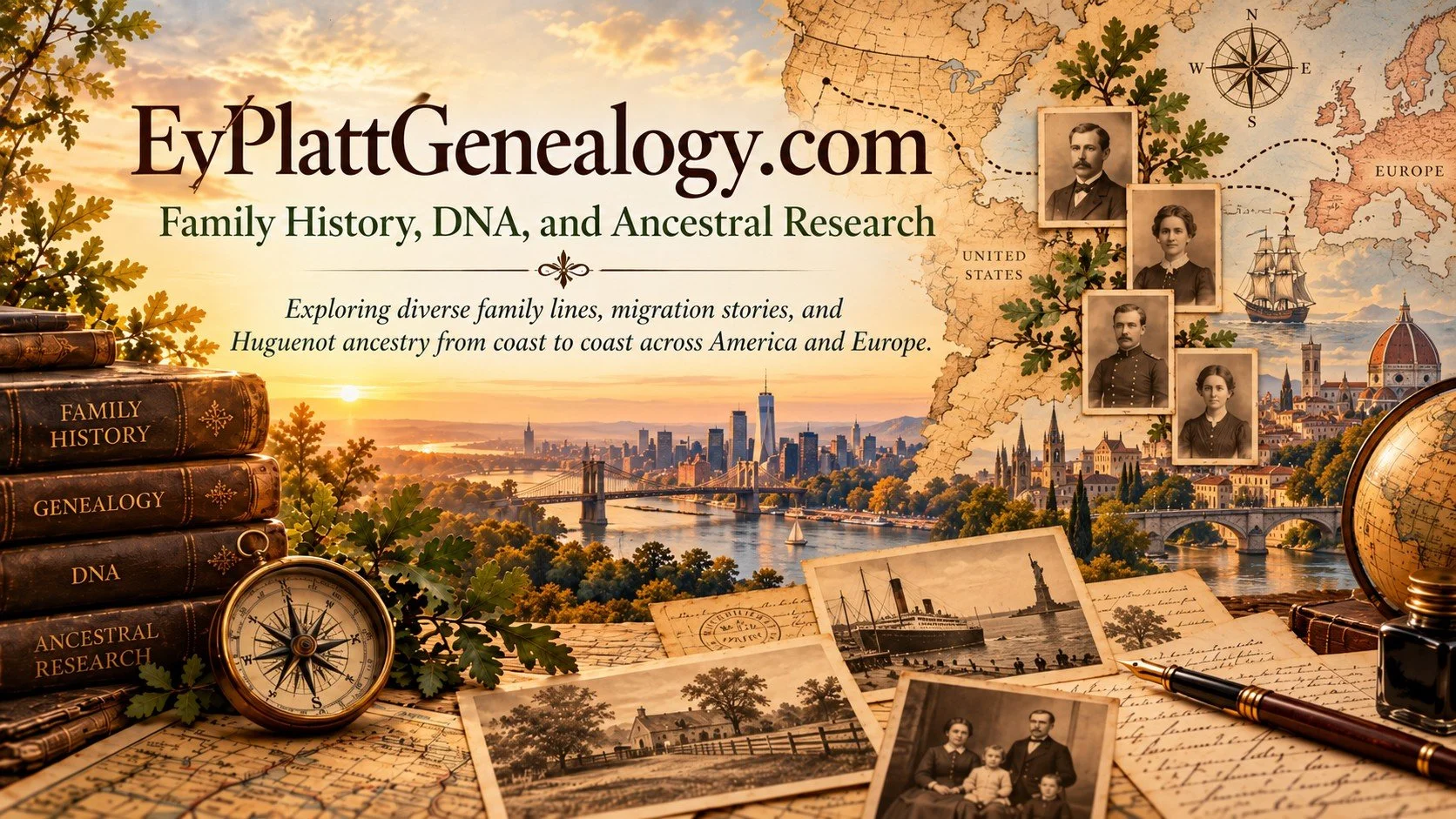 Poster promoting a genealogy website featuring family history, DNA, and ancestral research, with images of photos, old ships, and cityscapes, along with books, a compass, and papers.