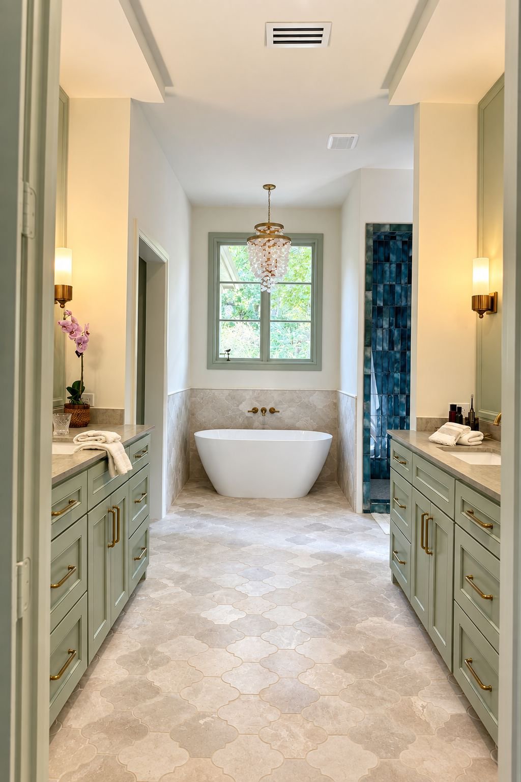 A spacious bathroom with a freestanding bathtub positioned beneath a window, flanked by two green vanity counters with gold hardware, a shower with dark blue tiles, beige marble flooring, and a decorative chandelier hanging from the ceiling.
