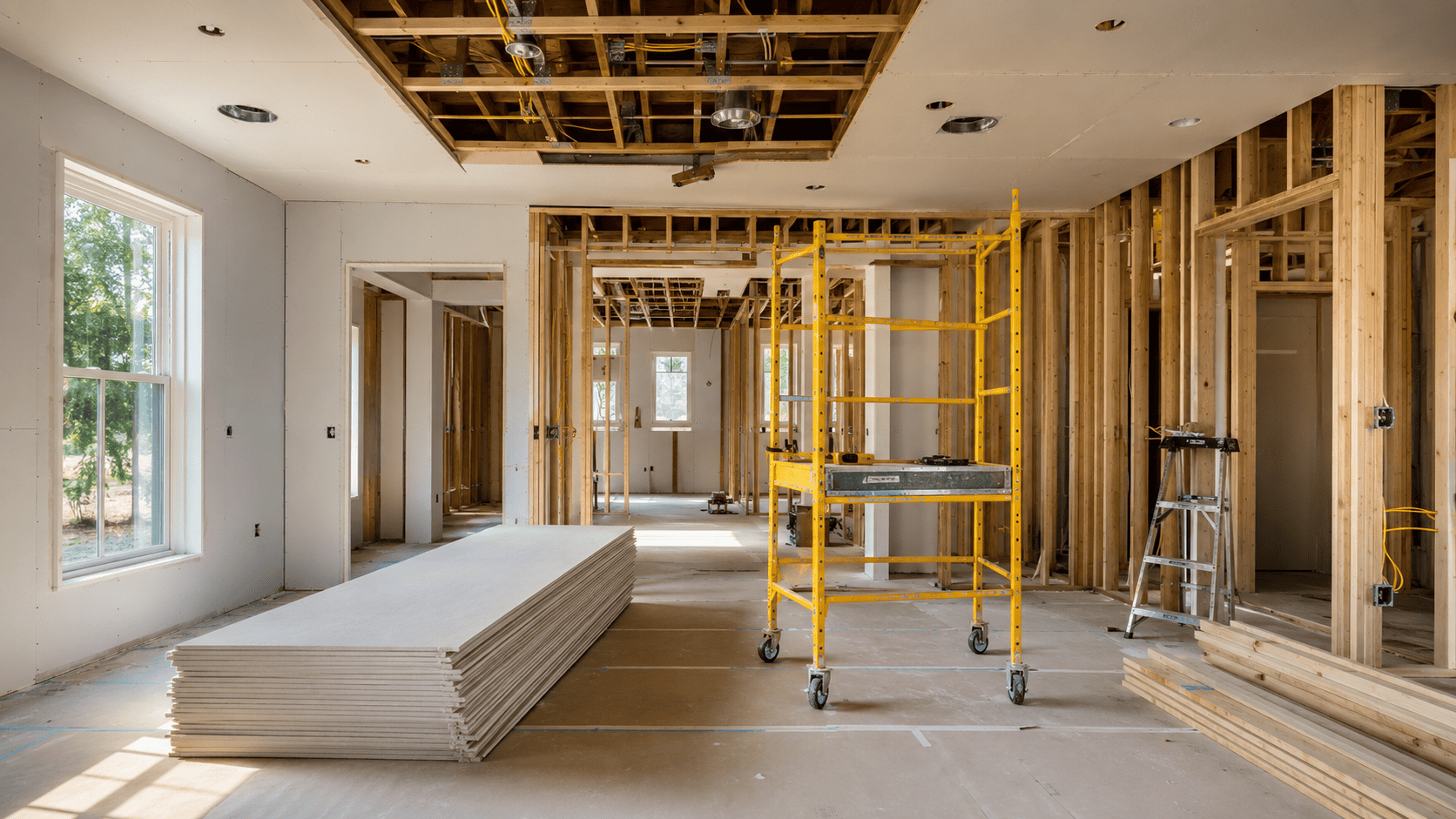 Interior of a house under construction with exposed wooden framing, a metal scaffold, and construction materials, including drywall sheets and wooden planks.