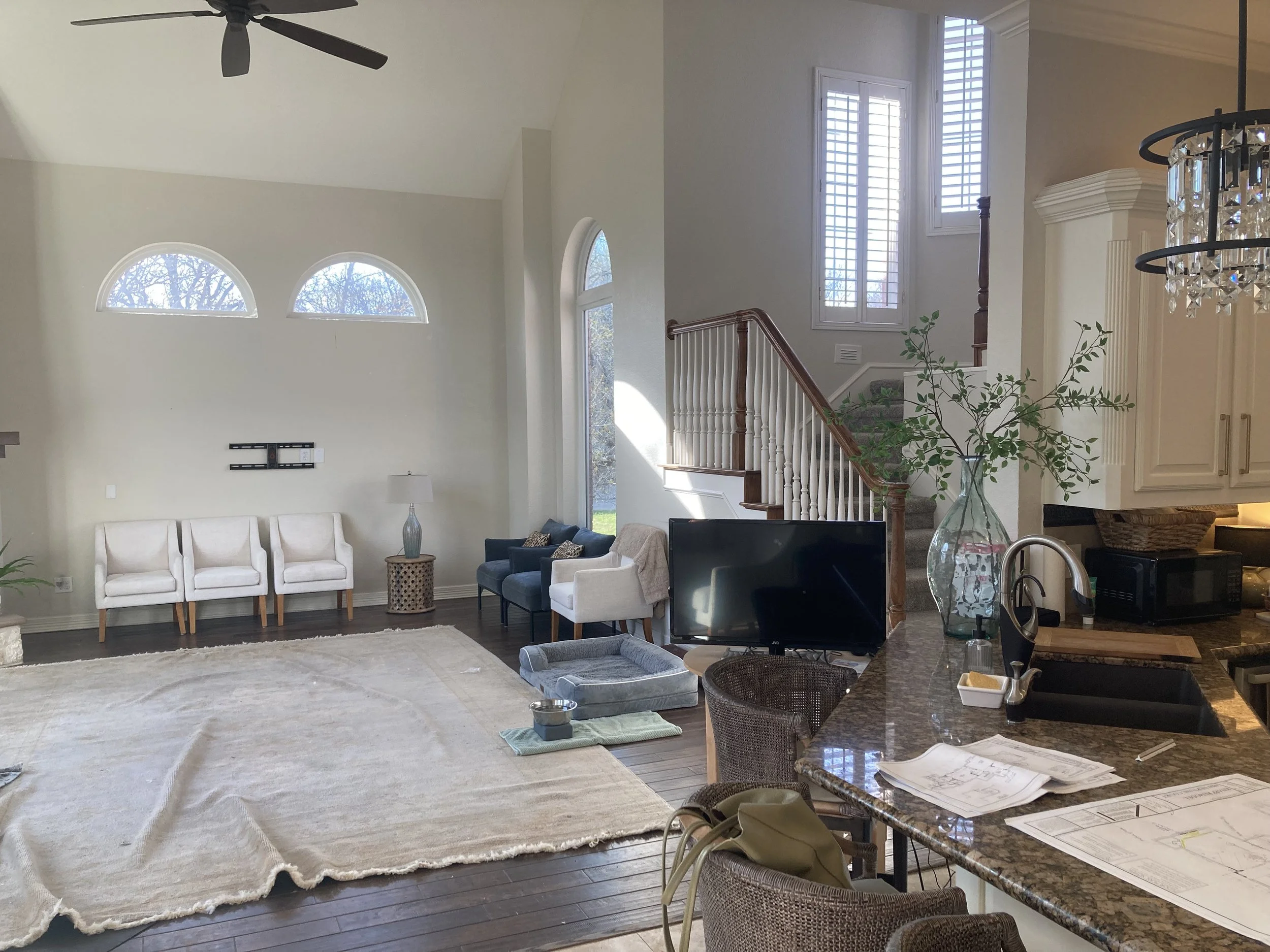 Open-concept living space with high vaulted ceiling, multiple large arched and rectangular windows allowing natural light, staircase with wooden railing, white and navy sofas, coffee table with decorative items, a dog bed on a large cream area rug, kitchen counter with kitchenware, and a plant in a glass vase.