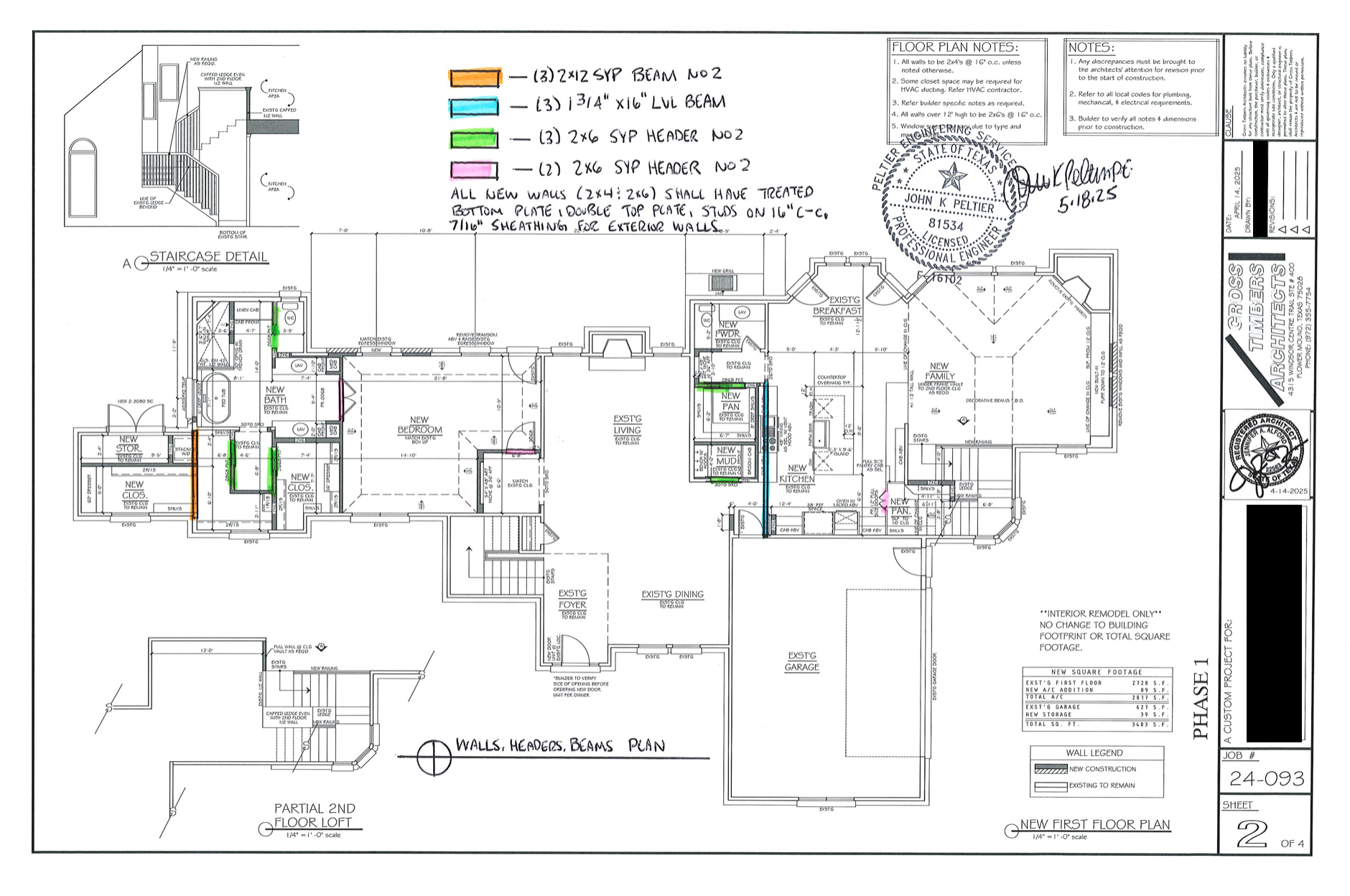 Detailed architectural floor plan of a house, showing walls, rooms, stairs, dimensions, and color-coded construction notes.