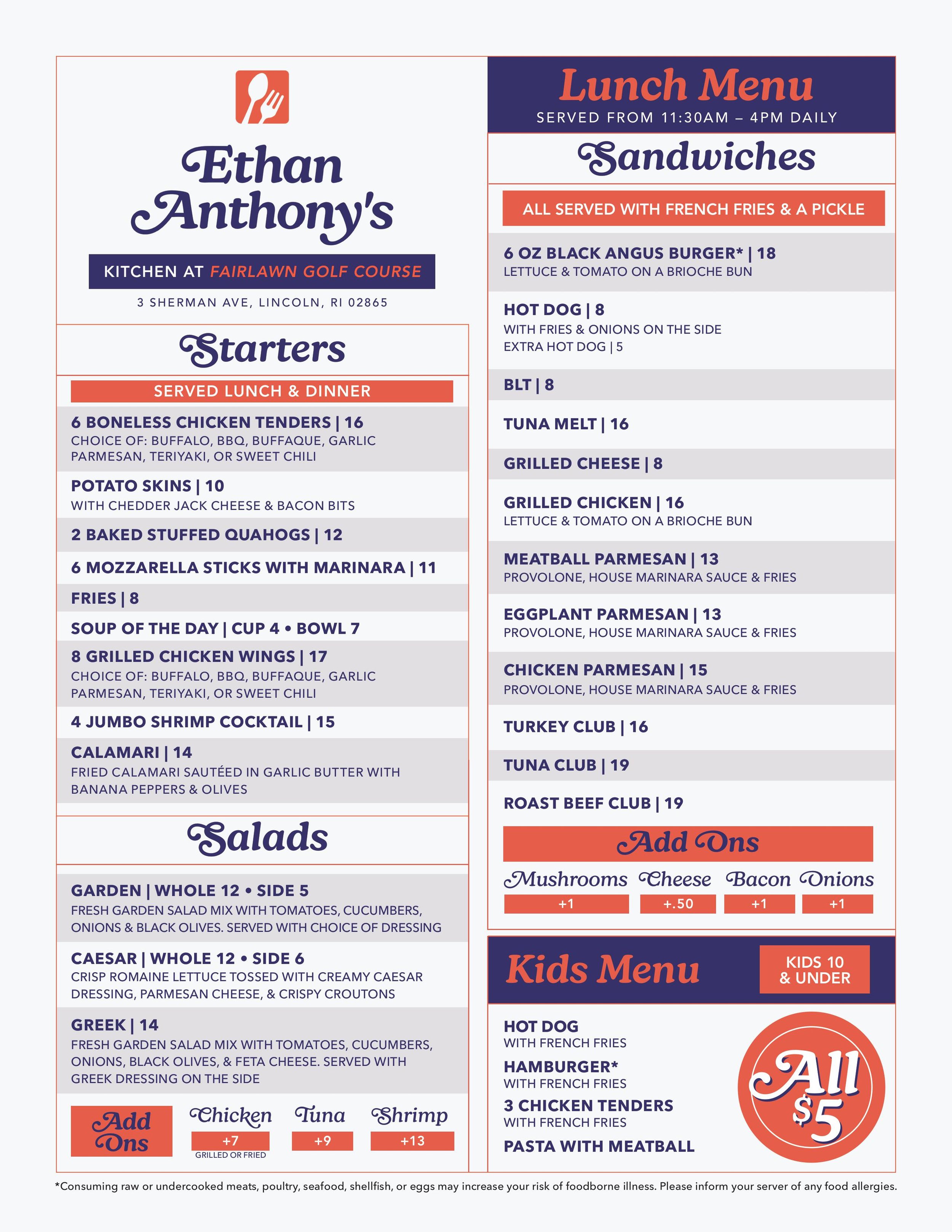 A restaurant lunch menu with sections for appetizers, salads, sandwiches, and kids' options. The menu displays various food items and prices, with some items marked with additional notes or options.