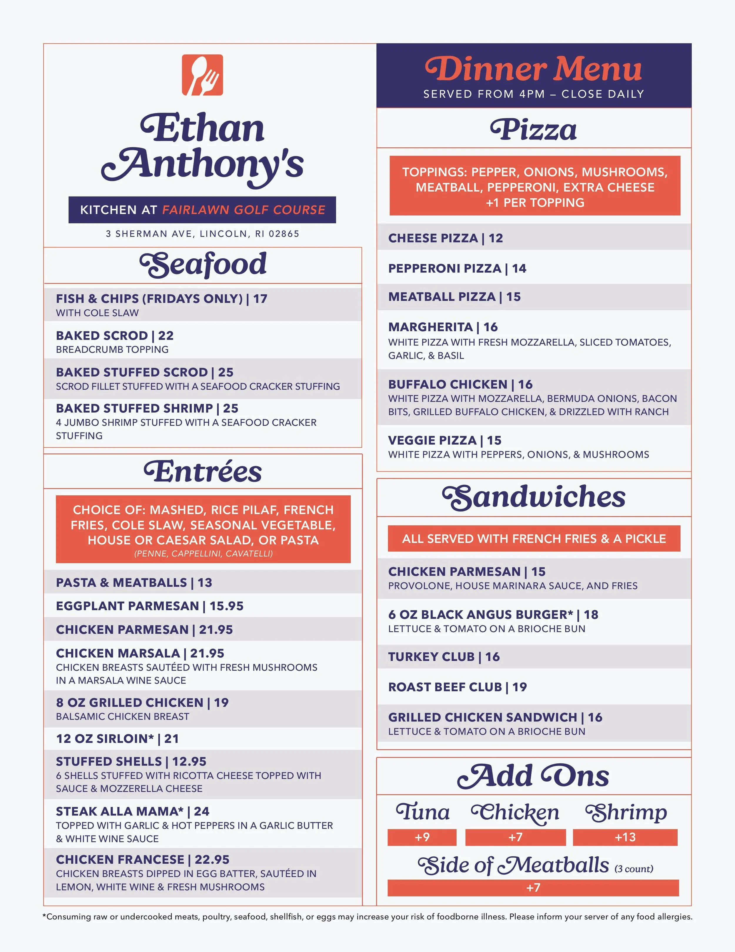 A restaurant menu featuring sections for seafood, entrees, pizza, sandwiches, and add-ons. The menu includes items such as fish & chips, baked scrod, pasta, grilled chicken, various pizzas, and sandwiches like chicken parmesan and turkey club. Prices and descriptions are listed for each item.