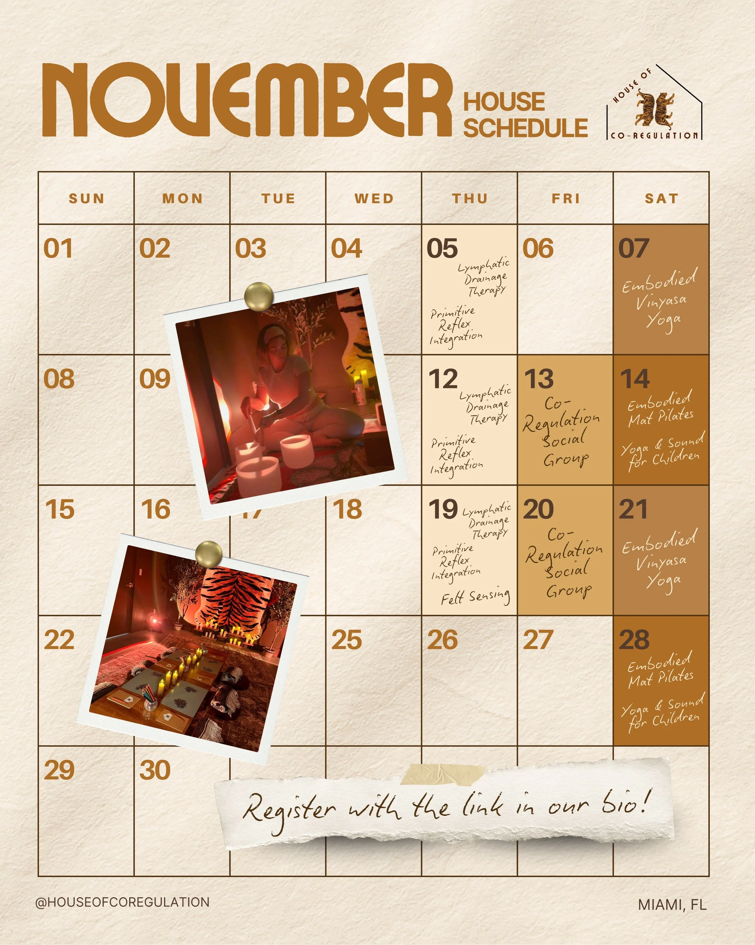 November at the House 🤎

A new month of opportunities to move, connect, regulate and feel supported. From co-regulation social groups and primitive reflex integration to felt sensing, yoga, Pilates, lymphatic drainage therapy and more, there&rsquo;s