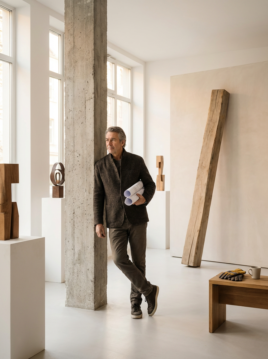 A middle-aged man with gray hair stands in an art gallery, holding rolled-up papers. The gallery has large windows, a concrete pillar, and minimalist wooden sculptures and furniture, with an overall modern aesthetic.