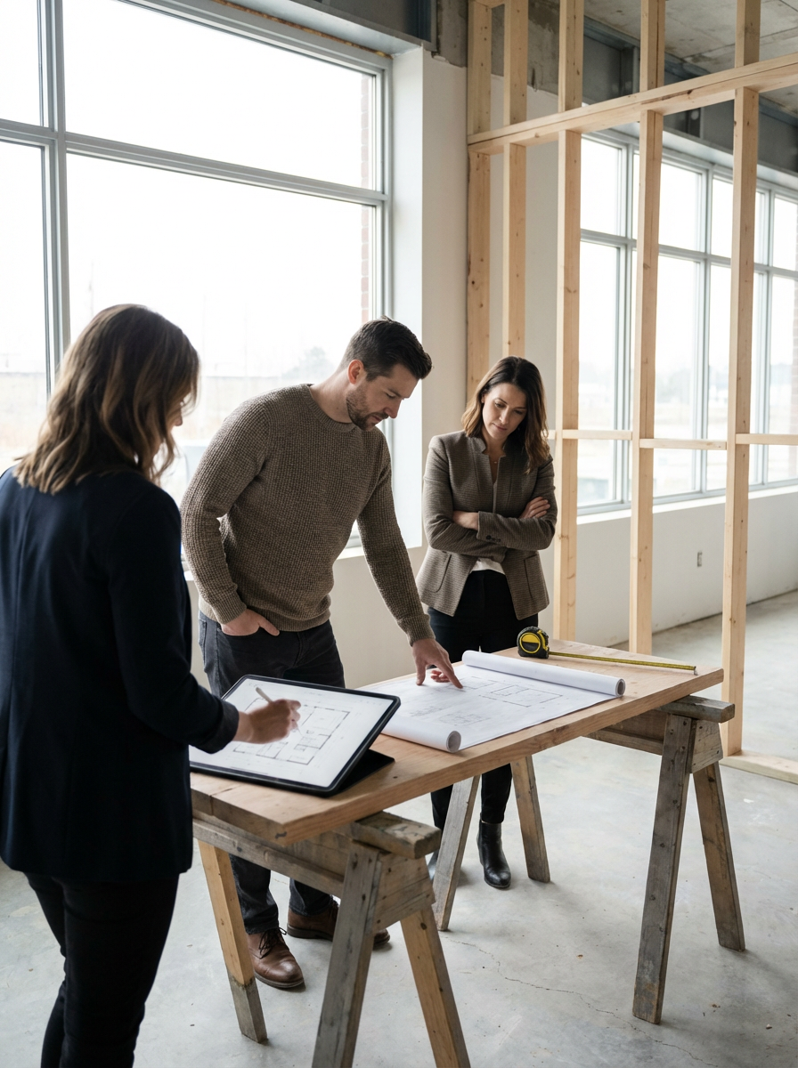 Three people working together on construction plans in an unfinished building with large windows and wooden framing.