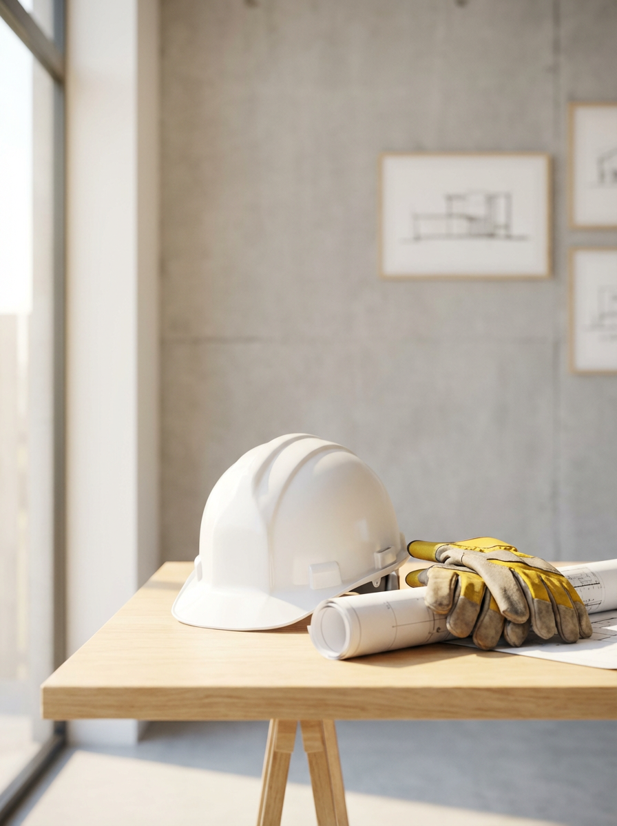 A white construction hard hat, yellow work gloves, and rolled-up blueprints on a wooden table inside a modern building with framed sketches on the wall.