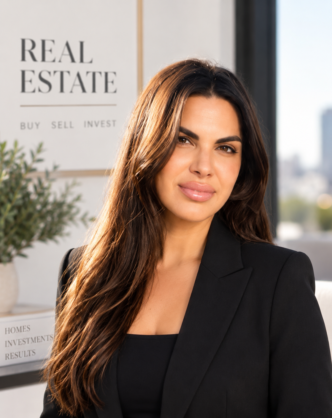 A woman with long brunette hair, wearing a black blazer, standing inside an office next to a sign that reads 'Real Estate' and 'Buy, Sell, Invest'.