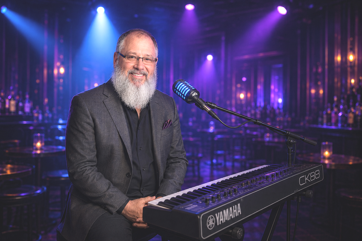 A man with glasses and a gray beard wearing a suit, sitting at a Yamaha keyboard with a microphone, in a dimly lit bar or lounge with purple and blue lighting, candles on tables in the background.