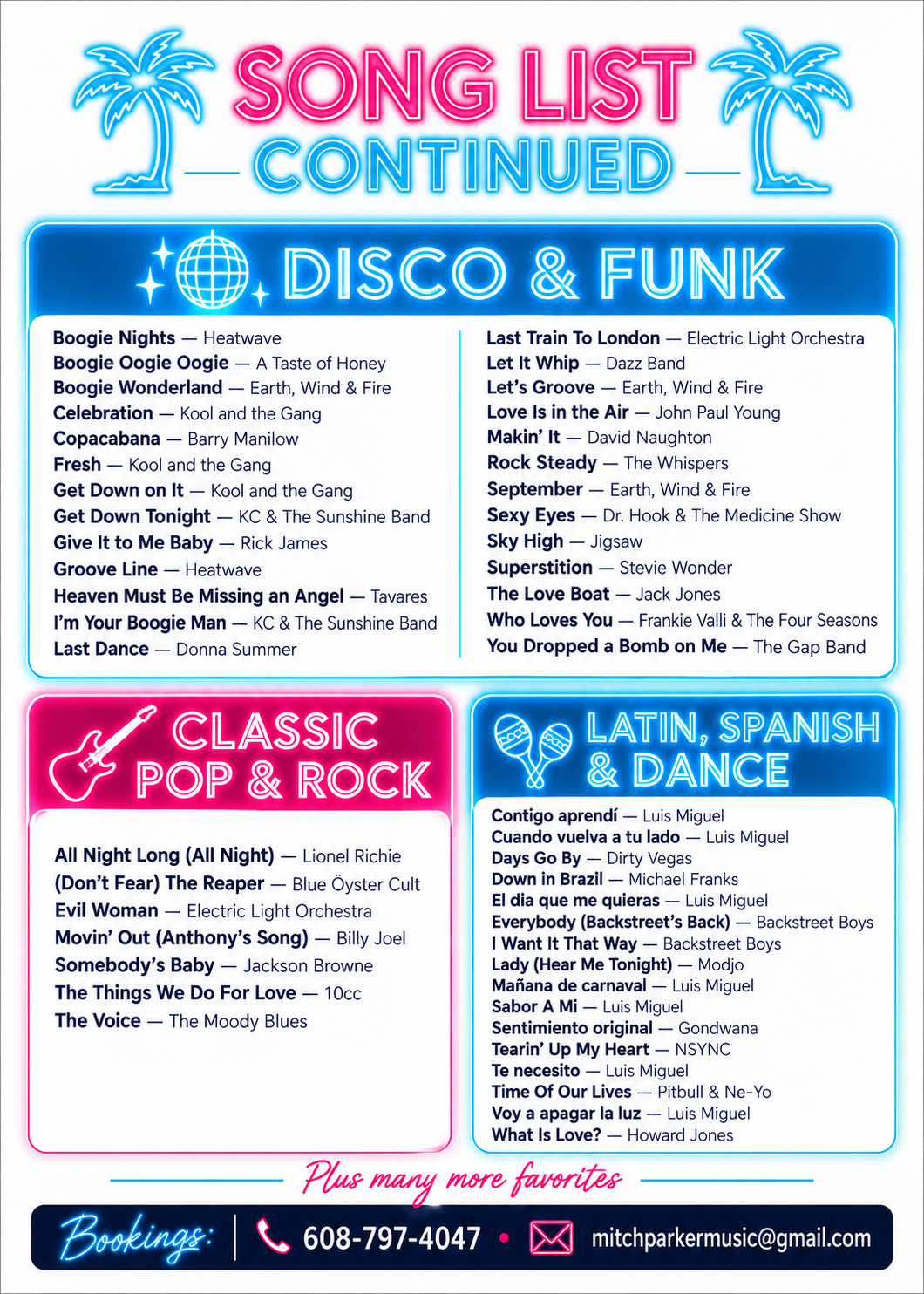 Music playlist poster titled 'Song List Continued' with categories Discotech & Funk, Classic Pop & Rock, Latin, Spanish & Dance, surrounded by neon palm trees and a neon disco ball. Lists various songs and artists under each category, and includes booking contact information.