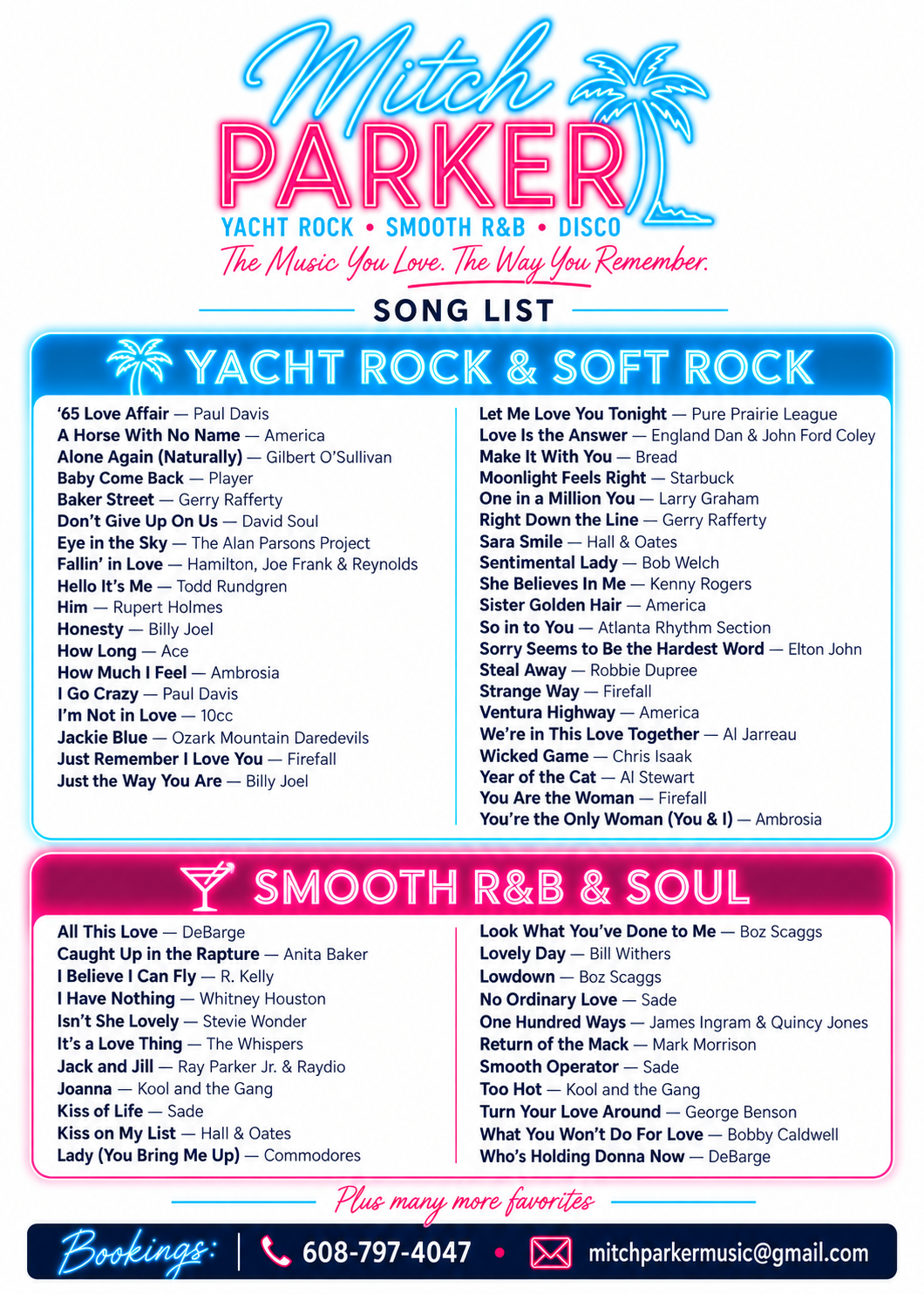 Music playlist cover featuring neon-style text with a beach scene, palm trees, and a moon. The playlist is by Mitch Parker, with songs divided into two categories: Yacht Rock & Soft Rock, and Smooth R&B & Soul.