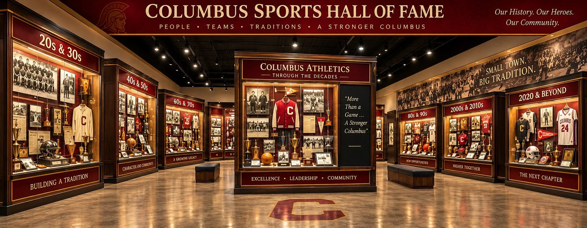 Concept rendering of the expanded Columbus Sports Hall of Fame with display cases organized by decade