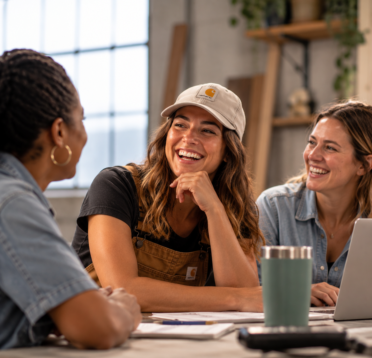 Women in the trades and related industries connecting over conversation around a table.