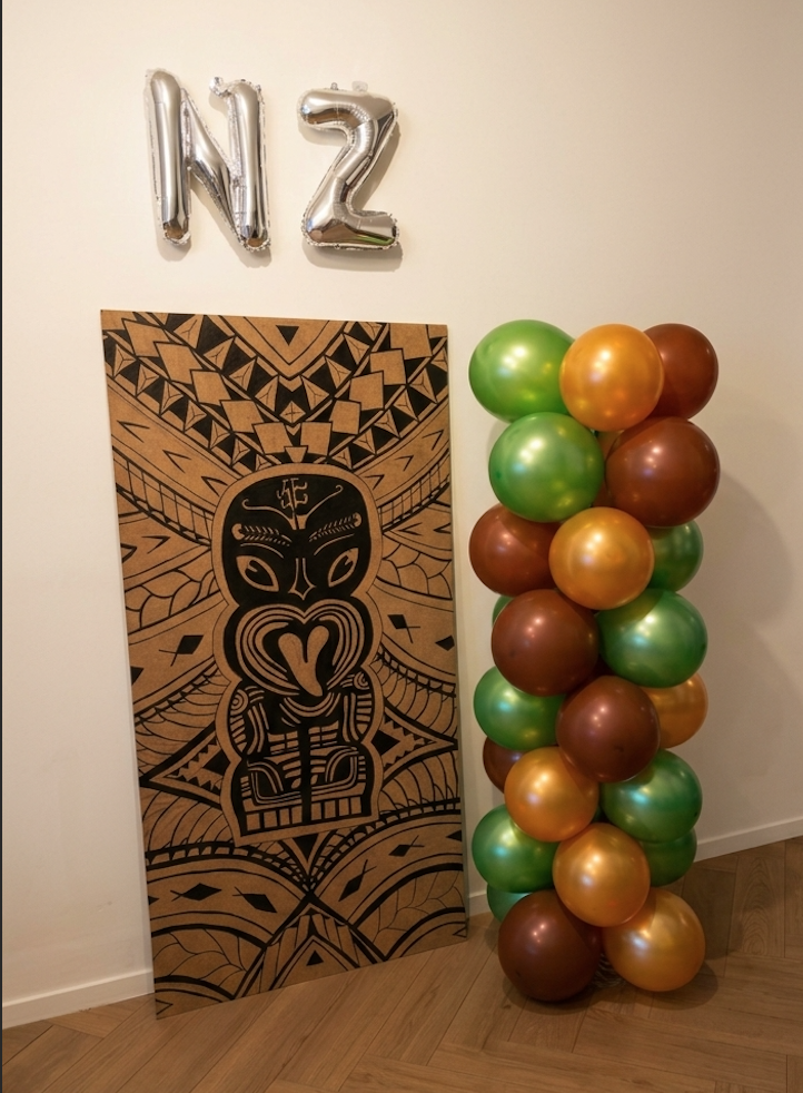 Un fond photo sur le thème de la Nouvelle-Zélande avec des ballons colorés et un dessin polynésien