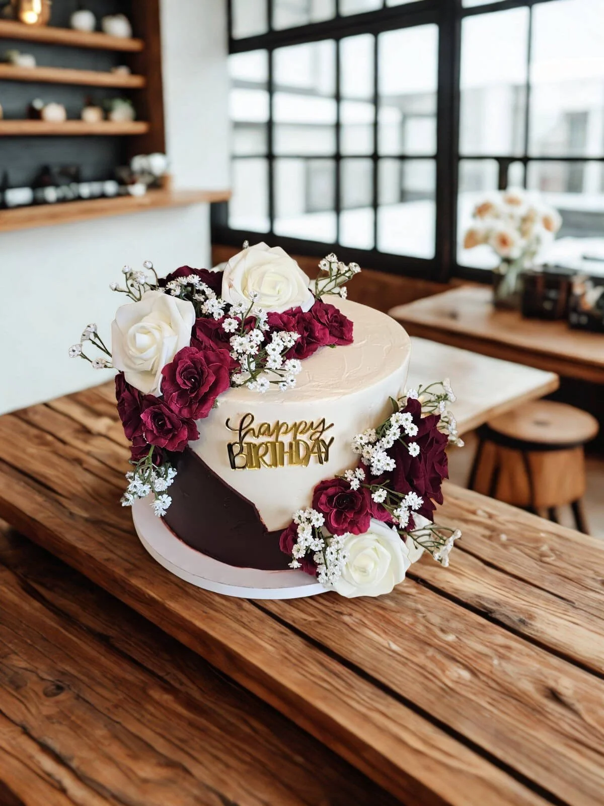 Chocolate and white birthday cake with burgundy and ivory roses by Tasty Temptations, Fulshear TX