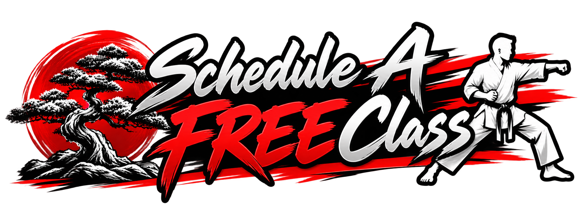 A stylized logo for 'Schedule A Free Class' with a red sun and a black pine tree on the left, bold black and red text, and a black-and-white illustration of a martial artist in a fighting stance on the right.