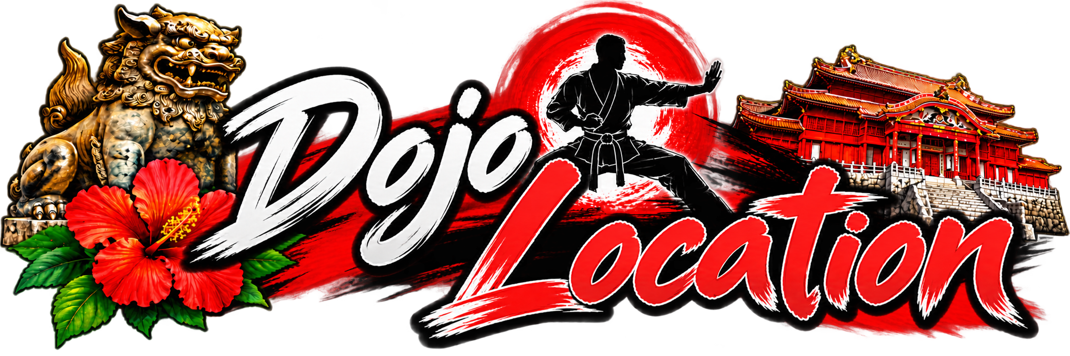 Colorful graphic with a golden Chinese guardian lion statue, red hibiscus flowers, a black silhouette of a martial artist in a fighting stance with a red sun behind, and traditional Asian architecture, along with the words 'Dōjō Location' in bold stylized text.