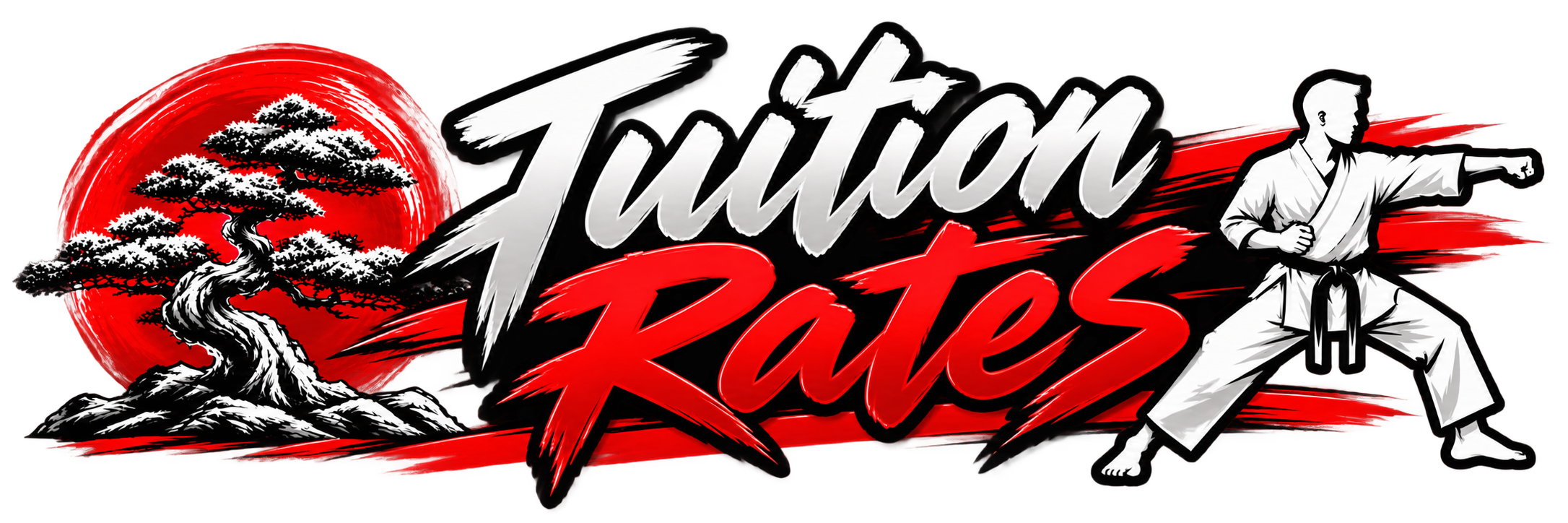 A logo for martial arts called 'Jujiton Rages' featuring a stylized red sun, a black and white bonsai tree, and a martial artist in a fighting stance.