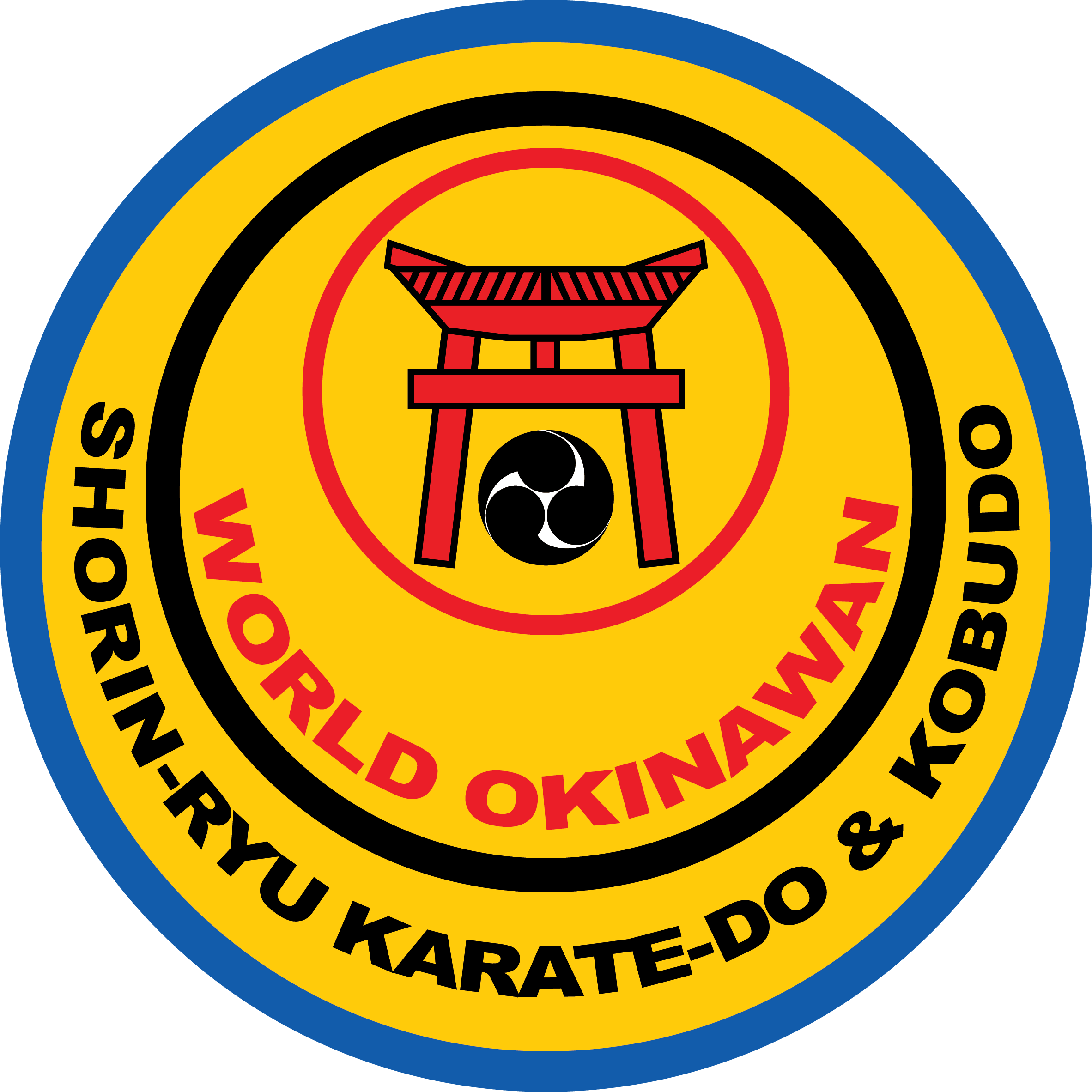 A circular sticker or badge with a yellow background and a red and black striped depiction of a battering ram in the center. The outer ring is blue with black text, and the inner ring is red with yellow text. The text informs about a warning or alert for a band or musical group.