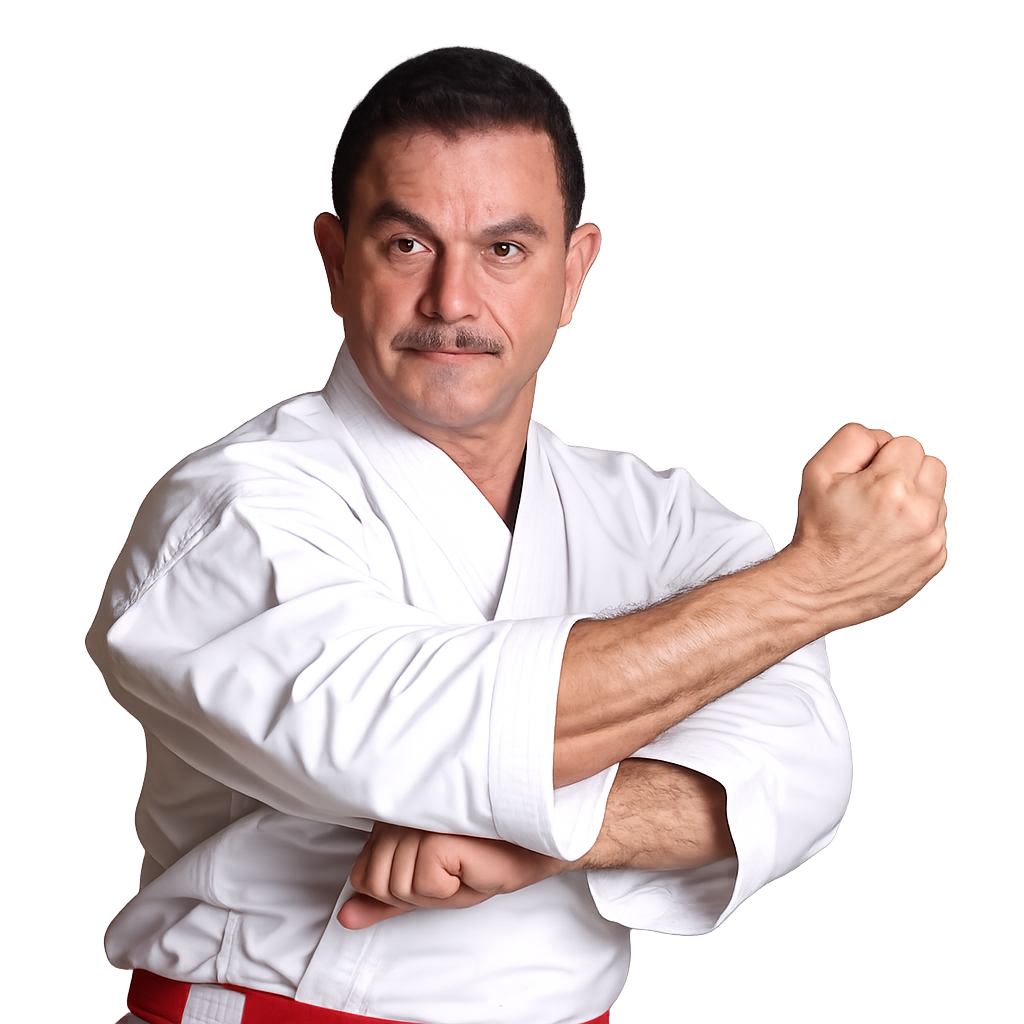 A man in karate uniform making a fist with his right hand while crossing his arms.