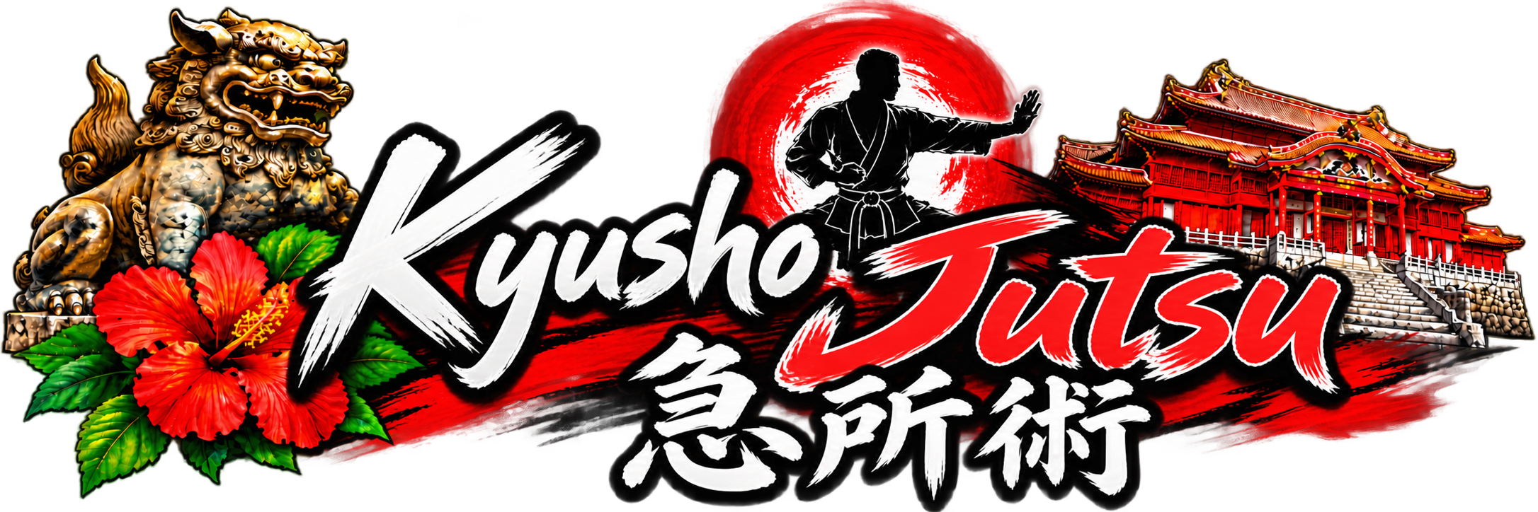 A logo featuring a Shisa lion statue, red hibiscus flowers, a traditional Japanese building, a martial artist in a fighting stance, and stylized text that says 'Kyusho Jutsu' with Japanese characters, set against a black and red background.