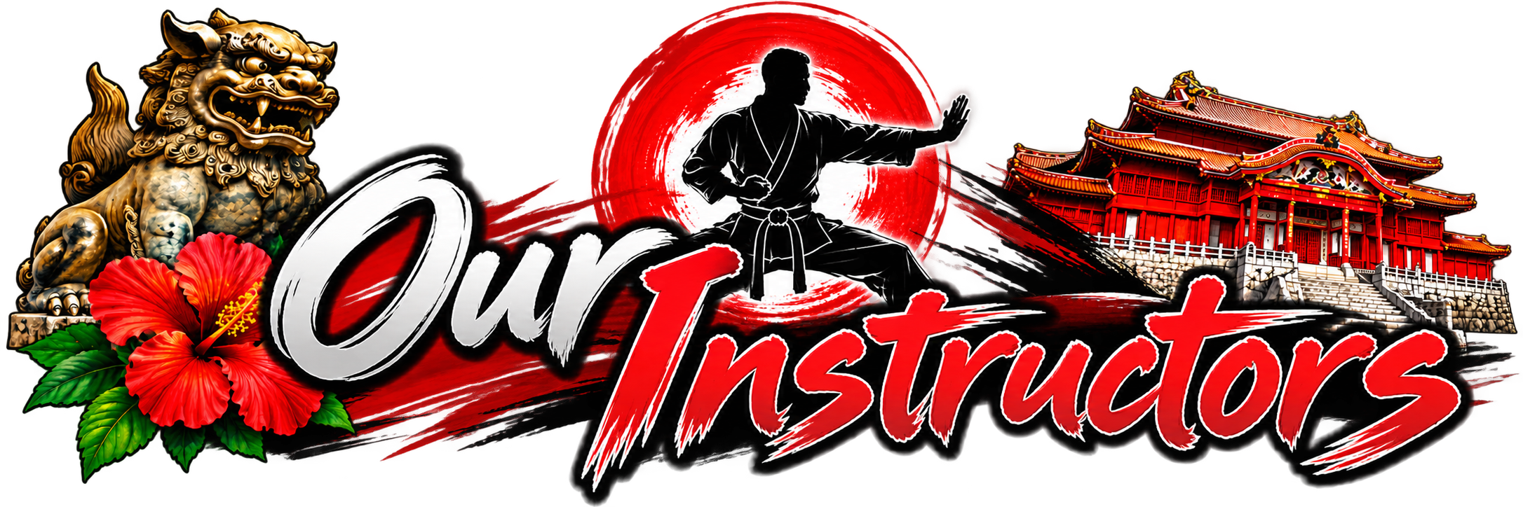 A martial arts theme with a golden lion statue, red hibiscus flowers, a black silhouette of a martial artist performing a move with a red and white background, and traditional Asian architecture in red.