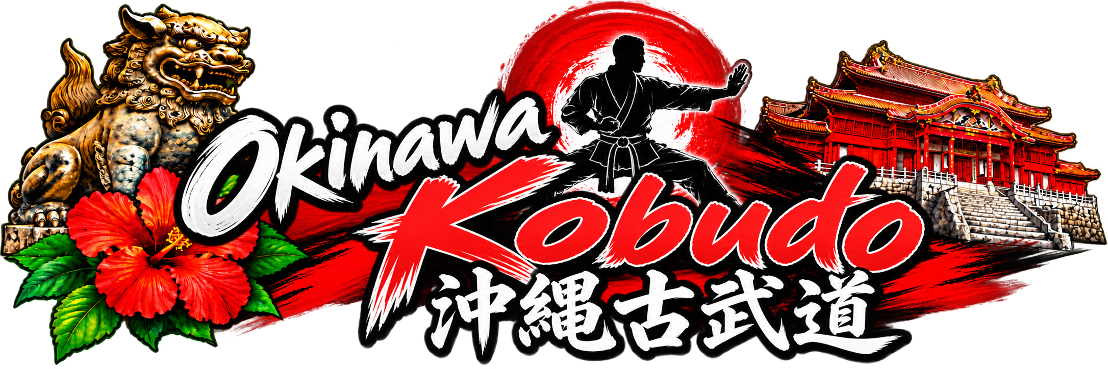 Text reading "Okinawa Karate" with a background of a traditional Japanese building, a martial artist in a fighting stance, a lion statue, and a red hibiscus flower.