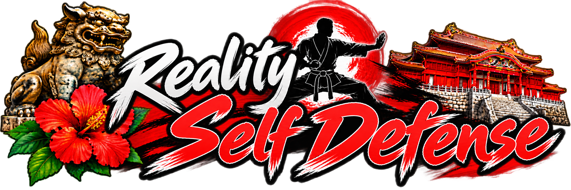 A graphic design with the words 'Reality Self Defense' over a red and black background. It features a martial artist in a karate stance, a traditional Japanese temple, a lion statue, and a red hibiscus flower with green leaves.