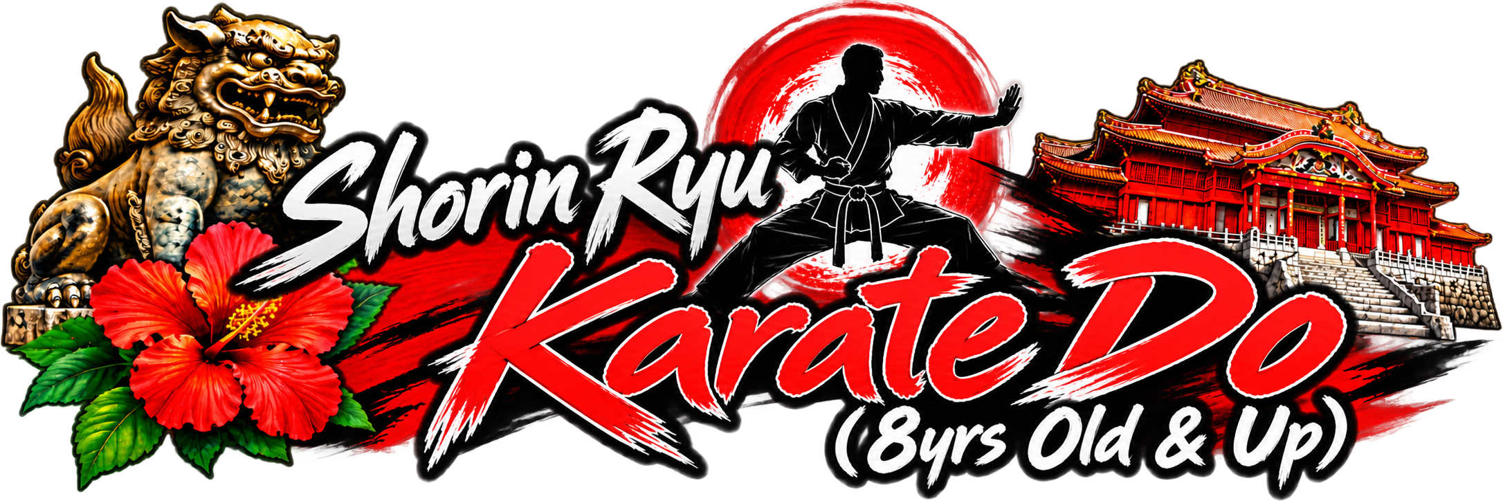 A colorful graphic promoting Karate Do for ages 8 and up, featuring a lion statue, hibiscus flower, martial artist in a fighting stance, red sun background, traditional Japanese building, and bold text.