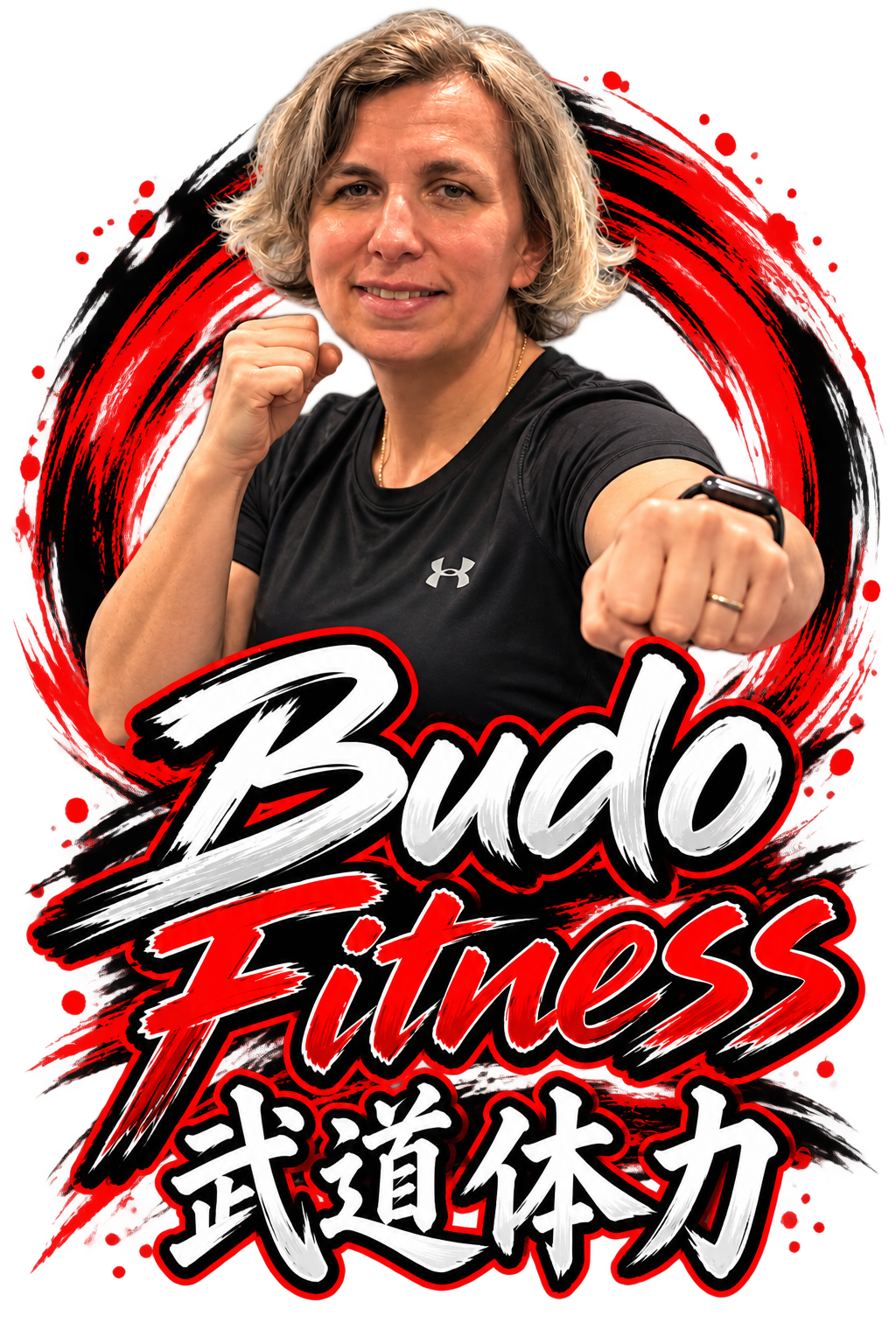 A woman with short blonde hair, wearing a black athletic shirt, is making a fist with her right hand and pointing her left fist toward the camera, smiling confidently. The background features a red and black artistic swirl with the words 'Budo Fitness' and Japanese characters below.