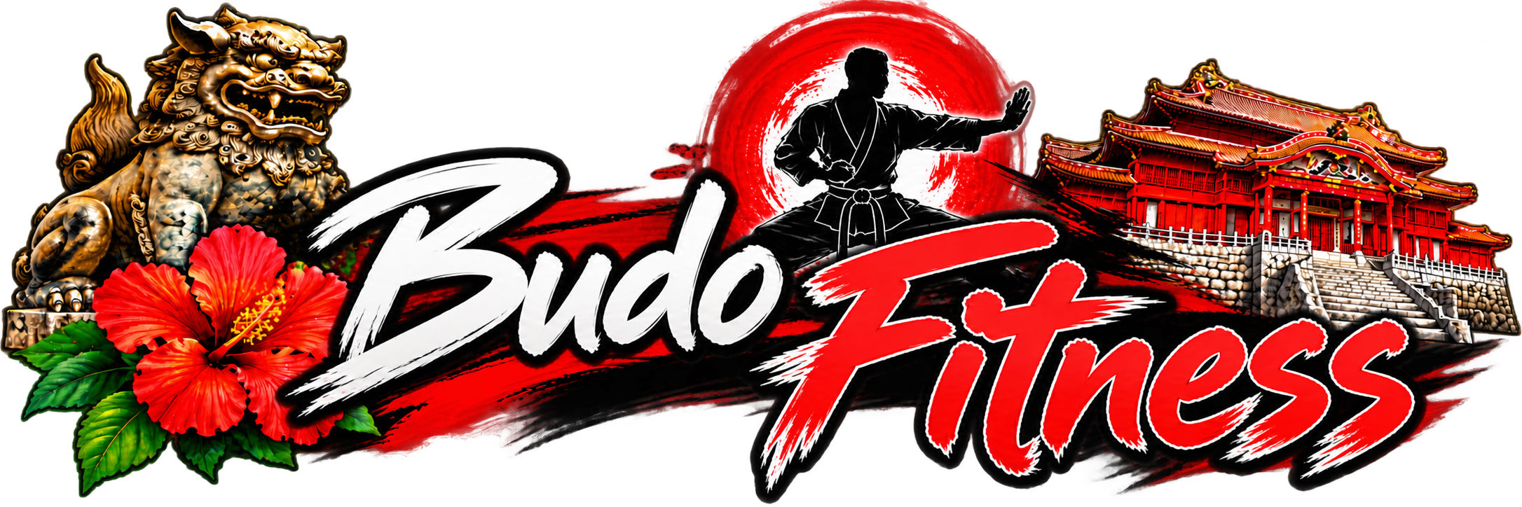 A colorful image with a gold lion statue, red hibiscus flower, a martial artist in a black gi, a Japanese building, and the words 'Budo Fitness' in bold, stylized text with a red, black, and white color scheme.