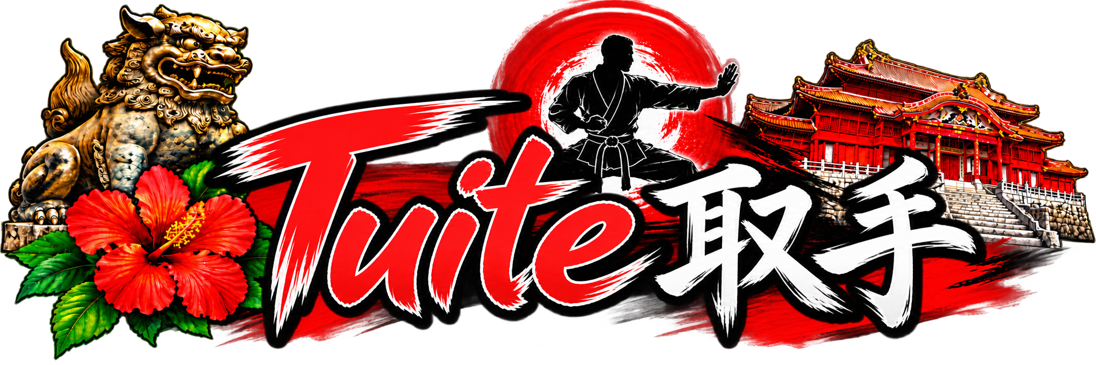 Traditional martial arts poster featuring a karate practitioner in a fighting stance, a red and black background, a lion guardian statue, a red hibiscus flower, and a traditional Japanese temple, with bold stylized text.