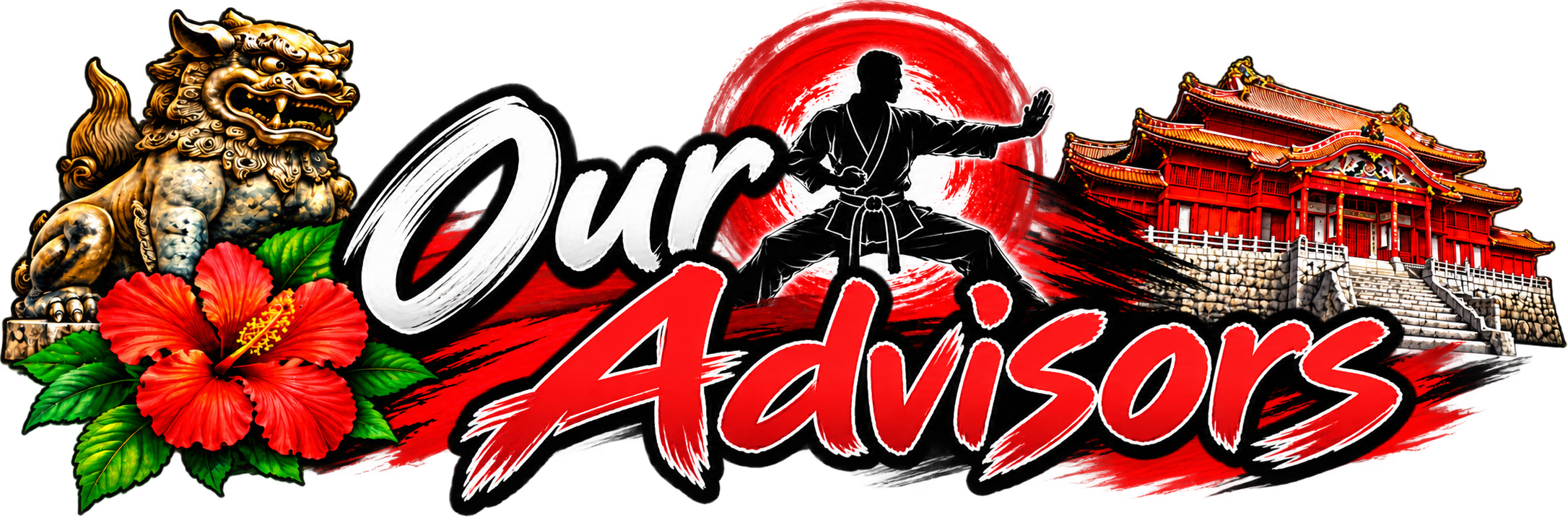 Logo for 'Our Advisors' featuring a traditional Asian lion statue, red hibiscus flower, martial artist in a stance, a red sun, and a traditional Asian building.