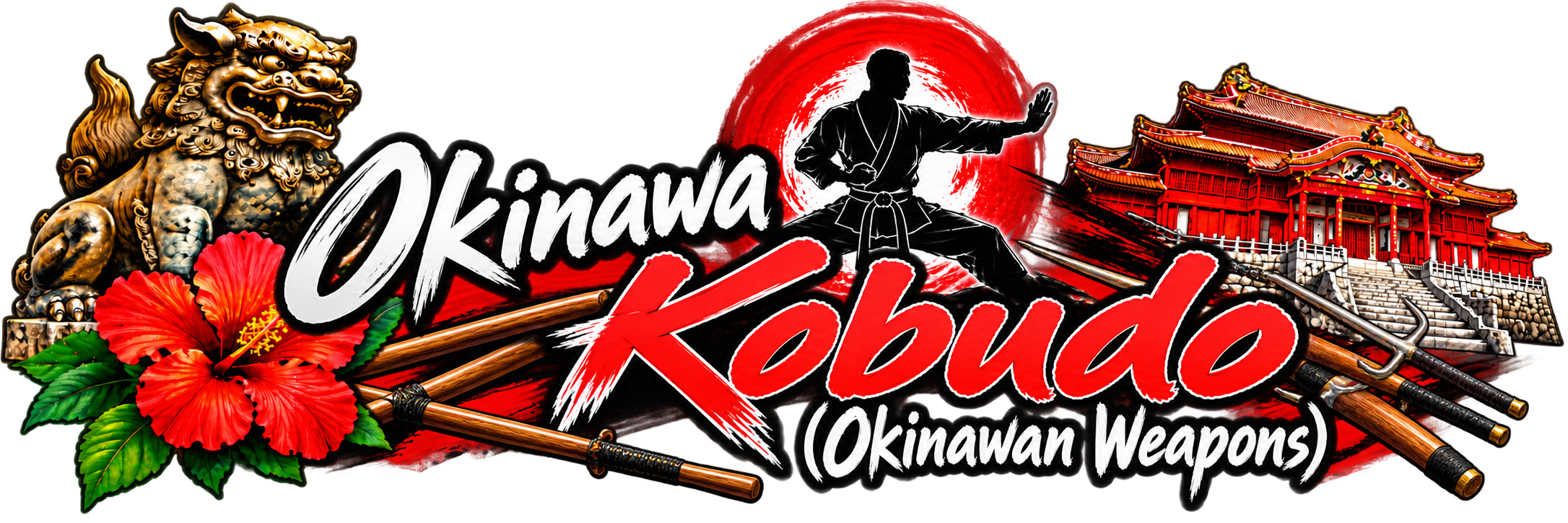 Graphic design promoting Okinawa weapons featuring a traditional lion statue, red hibiscus flowers, a martial artist in a stance, a Japanese building, and Japanese swords with bold text reading 'Okinawa Kobudo (Okinawan Weapons)'.