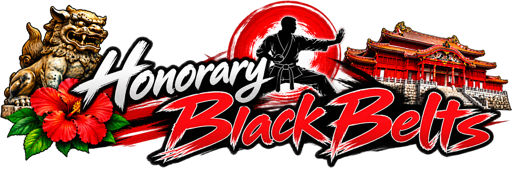 Graphic design with a lion statue, a red hibiscus flower, Japanese architecture, a martial arts practitioner in a fighting stance, and the text 'Honorary Black Belt' in bold, stylized font, against a red and black background.