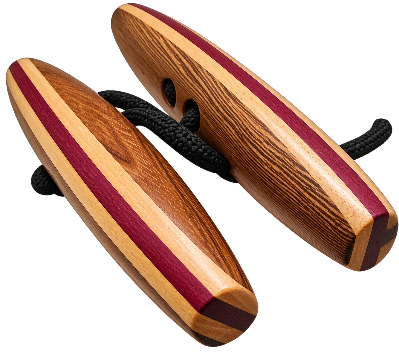 A wooden nunchaku with black rope connecting two polished wooden handles with striped wood grain and red accents.