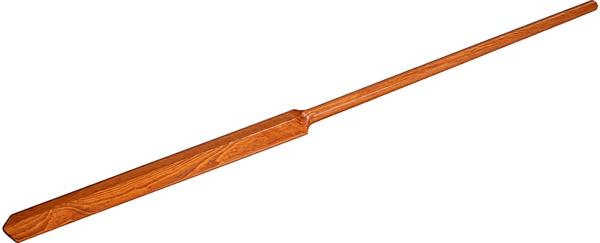 A wooden walking cane with a smooth curved handle and a polished finish.