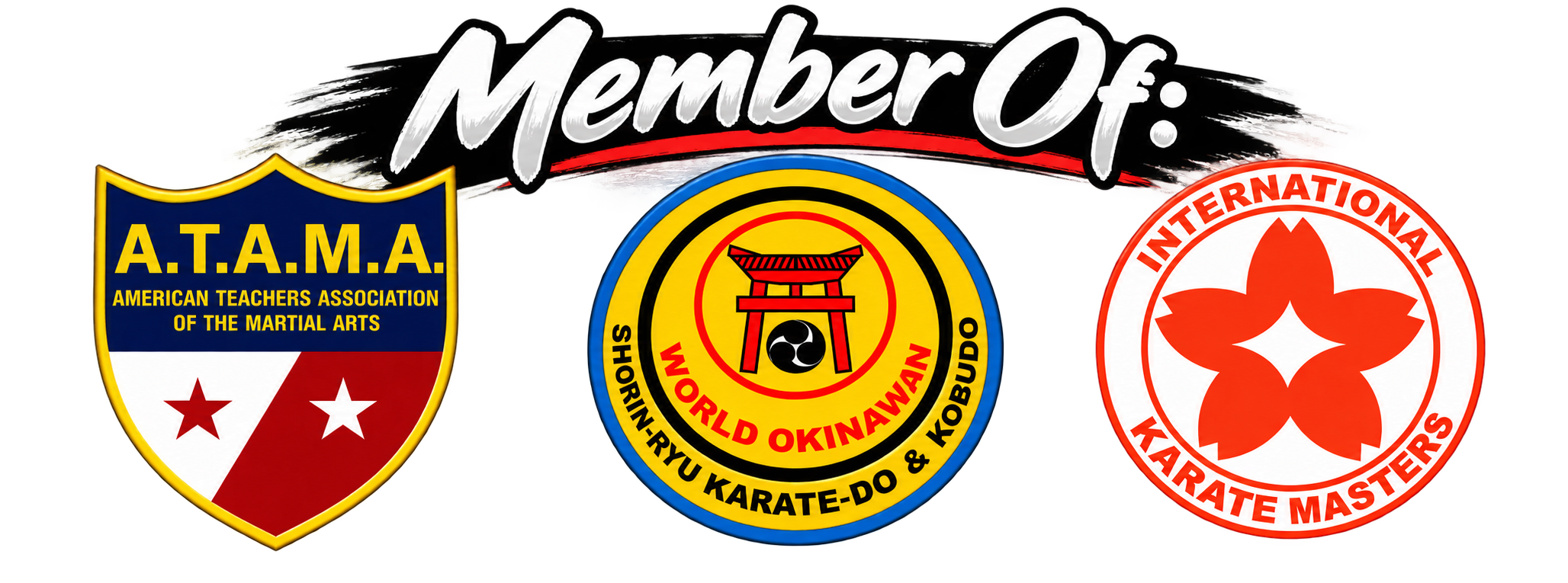 Graphic design featuring three martial arts organization logos: American Teachers Association of the Martial Arts (A.T.A.M.A.), World Okinawan Shorin-Ryu Karate-Do & Kobudo, and International Karate Masters, with the text 'Member Of:' above.