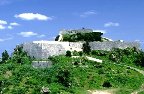 Ancient stone fortress atop a green hill with a clear blue sky.
